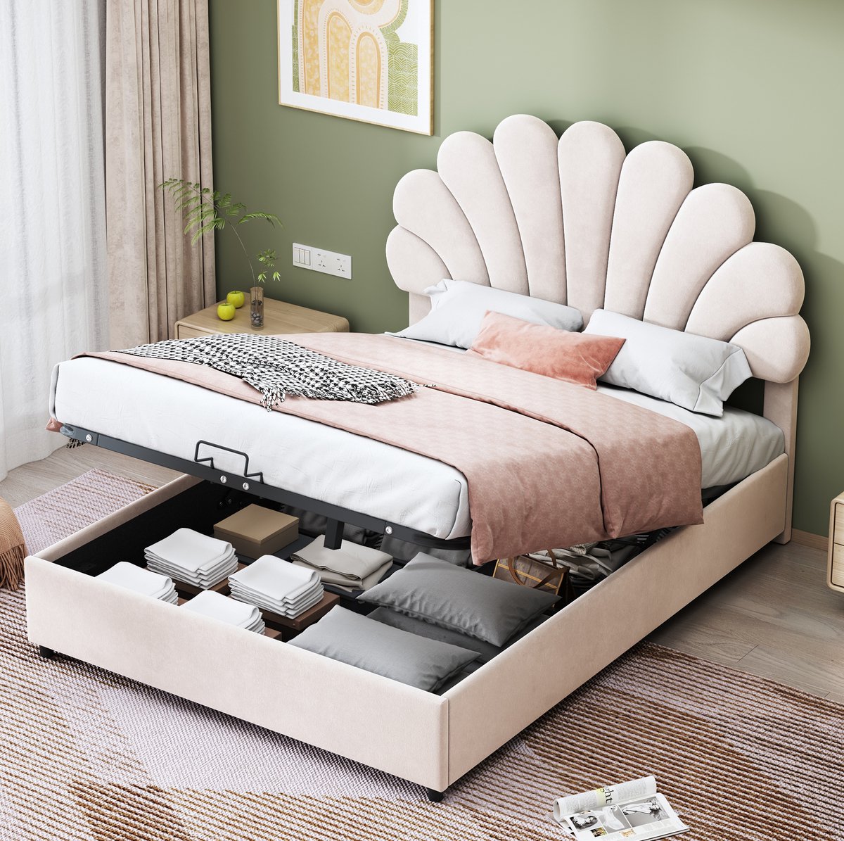 WUVRIE Gestoffeerd tweepersoonsbed 140x200 cm met verstelbaar hoofdbord, lattenbodem en opbergruimte, beige