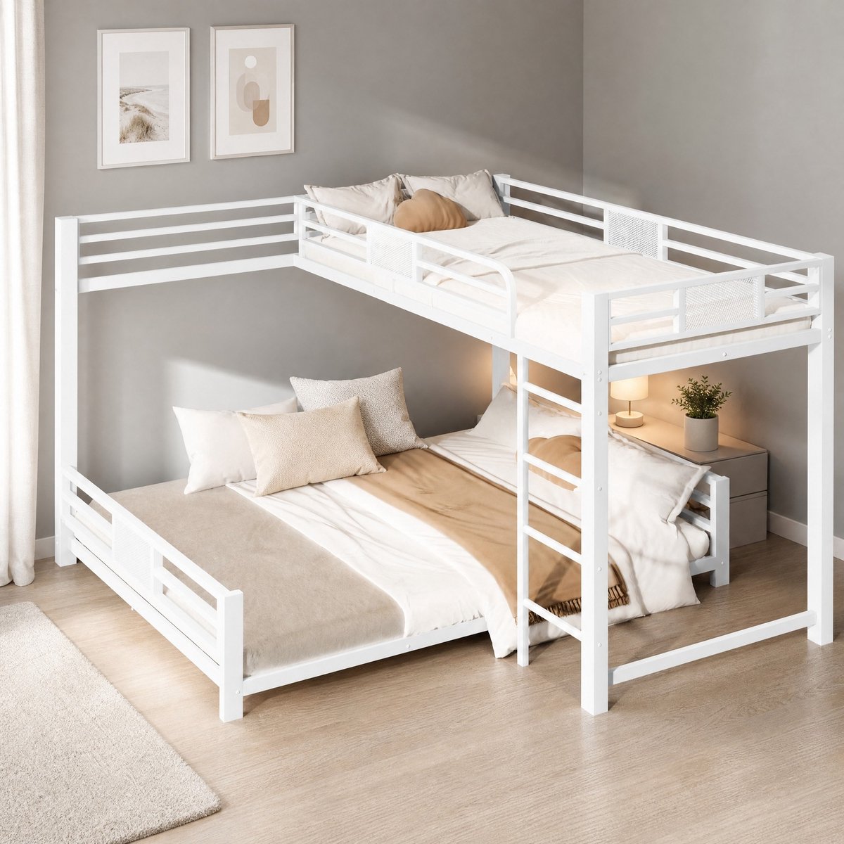 WUVRIE L-vormig metalen stapelbed 90x200 en 140x200 cm met ladder en veiligheidshekken, wit