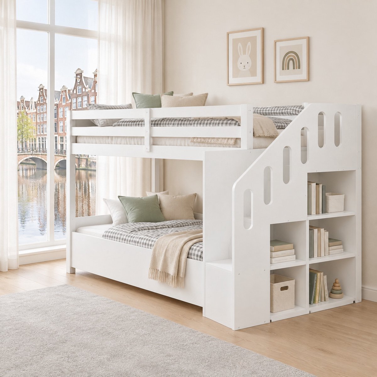 WUVRIE Kinderstapelbed 90x200 cm met trap, opbergruimte, uitvalbeveiliging en lattenbodem, wit