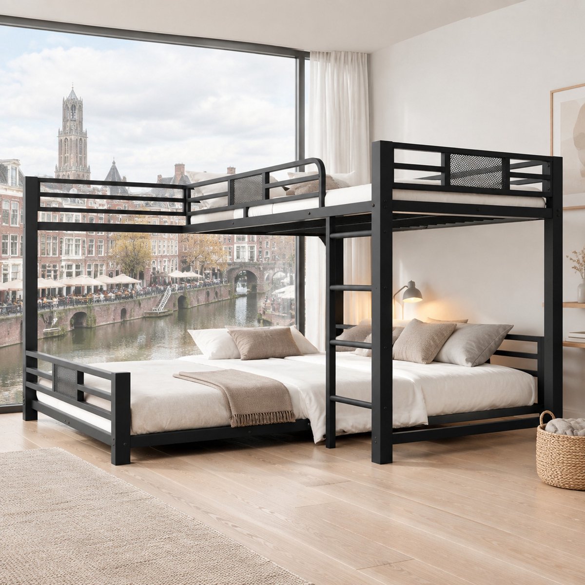 WUVRIE L-vormig metalen stapelbed 90x200 en 140x200 cm met trap en uitvalbeveiliging, zwart