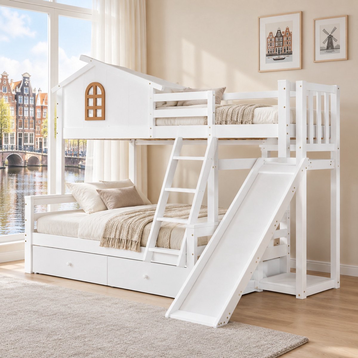 WUVRIE Stapelbed 90x200 en 120x200 cm met glijbaan, trap en 2 lades, wit