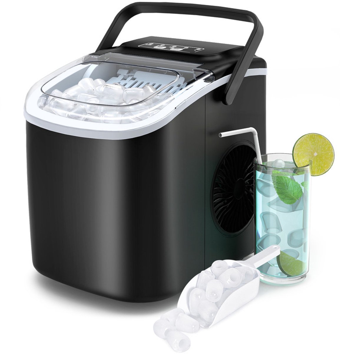 PALINTH IJsblokjesmachine - 1.5L - 12kg/24 uur - IJsblokjesmaker - IJsschep - Draagbaar – Zelfreinigingsfunctie - Zwart