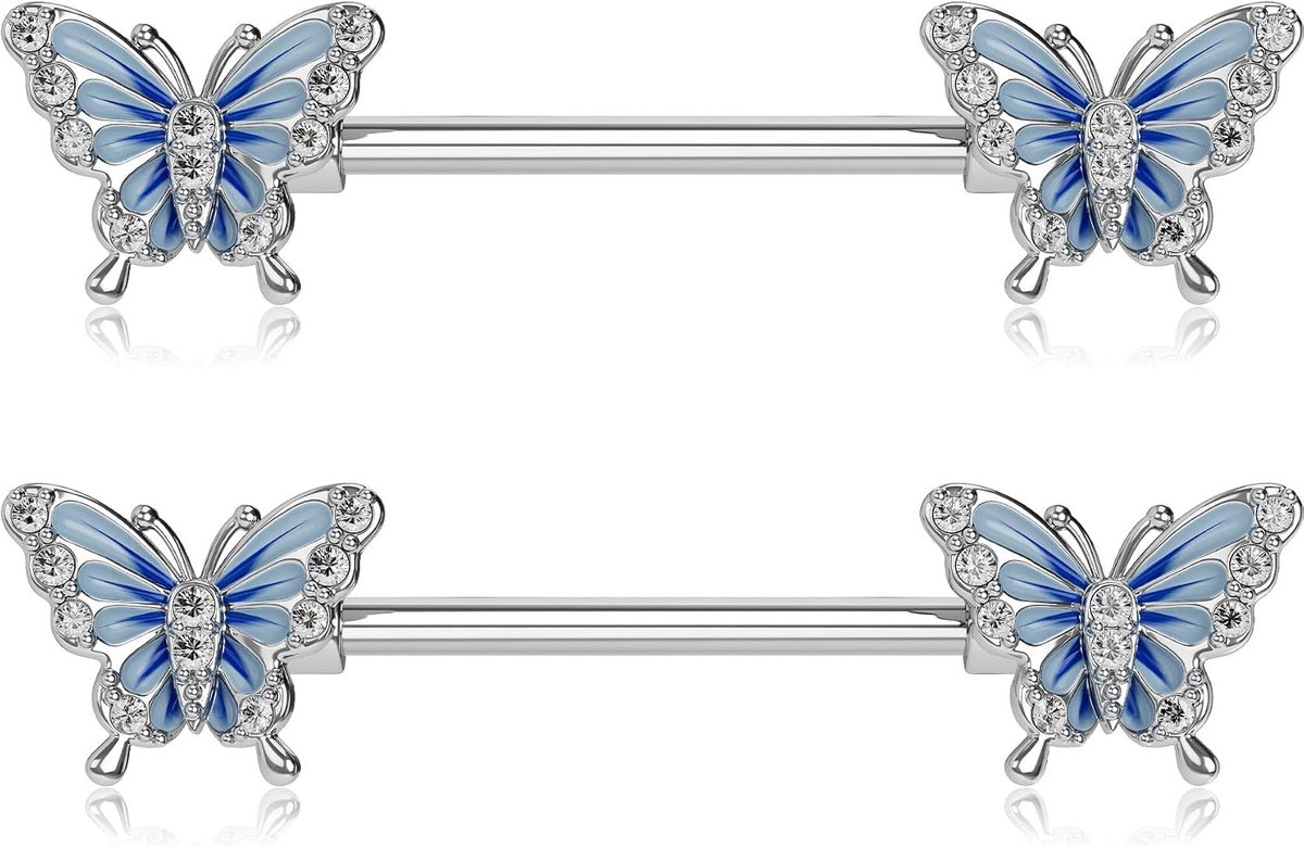 OUFER Nipple Bars, 2 Pieces Nipple Piercing Rings, 14G 316L, Stainless Steel, Nipple Bars, Dumbbells, Bule, Butterfly - ShopVlot
