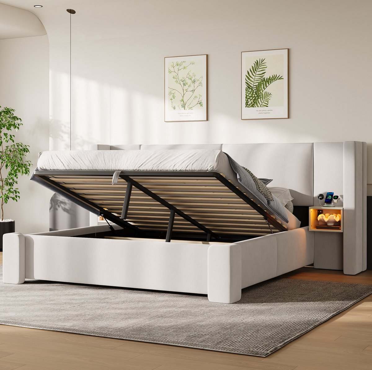 Gestoffeerd Bed 140x200cm - Ledverlichting Met Zeven Kleuren En Hydraulische Opbergruimte - Tweepersoonsbed - Linnen En MDF - Beige - Zonder Matras