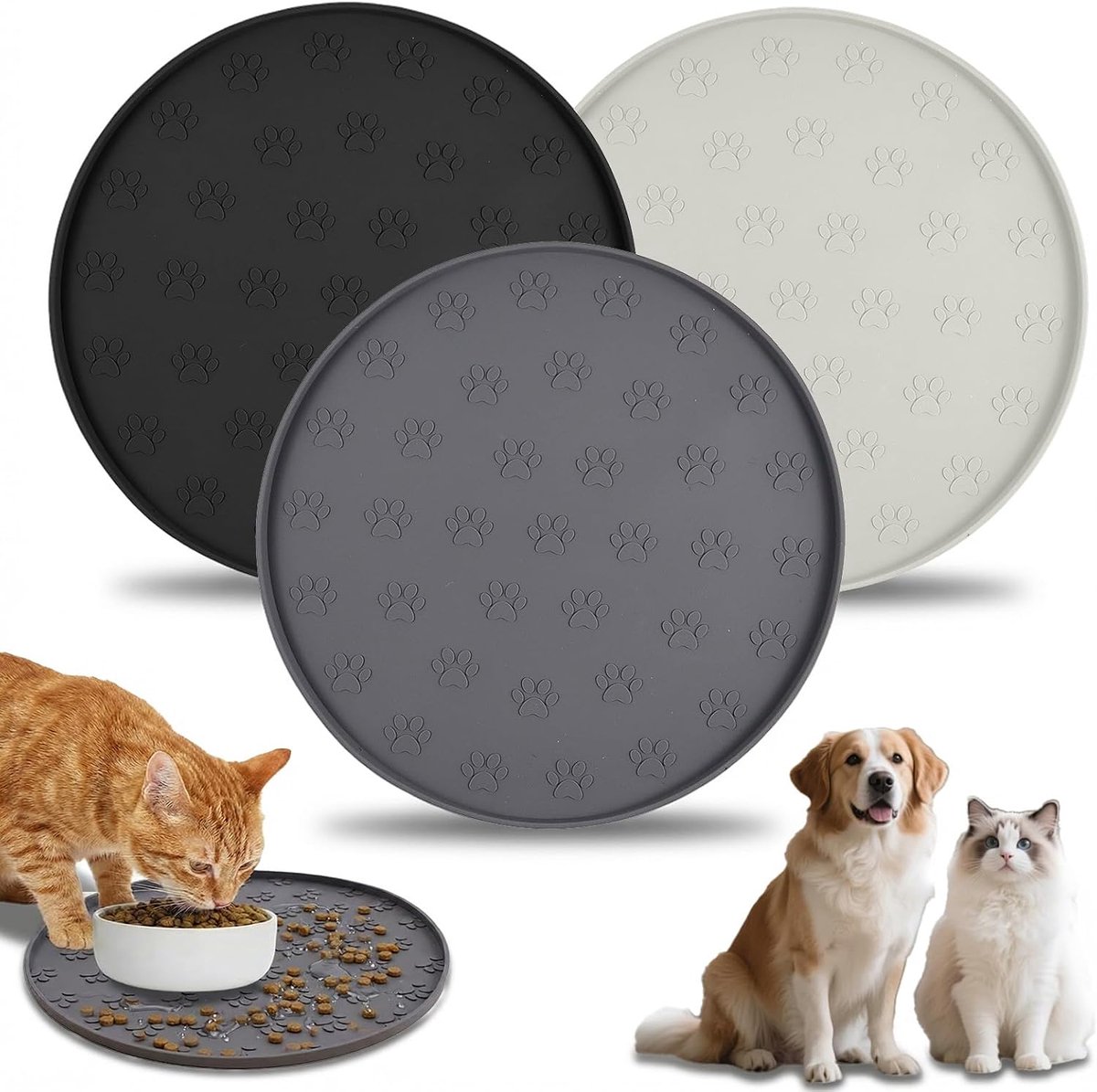 Set of 3 Round Feeder Mats, Silicone Feeding Mat for Cats and Dogs, 11 in - ShopVlot