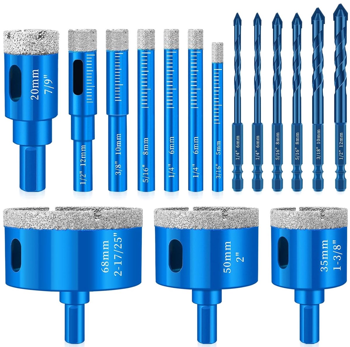 16-delige tegelboorset met M6-tegelboren (5-68 mm) en 6-12 mm metaalboren, voor glas, graniet en tegels - ShopVlot