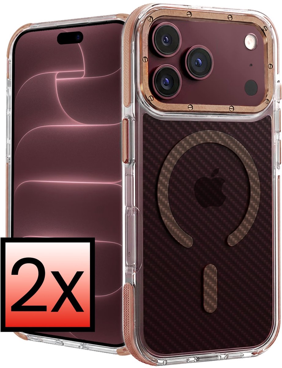 Hoesje - 2 Stuks - Geschikt voor Apple iPhone 18 Pro Max - Magsafe Compatible - Carbon Look - Sterk & Shockproof - Back Cover - Shock Proof Case - Telefoon Hoes - Bruin