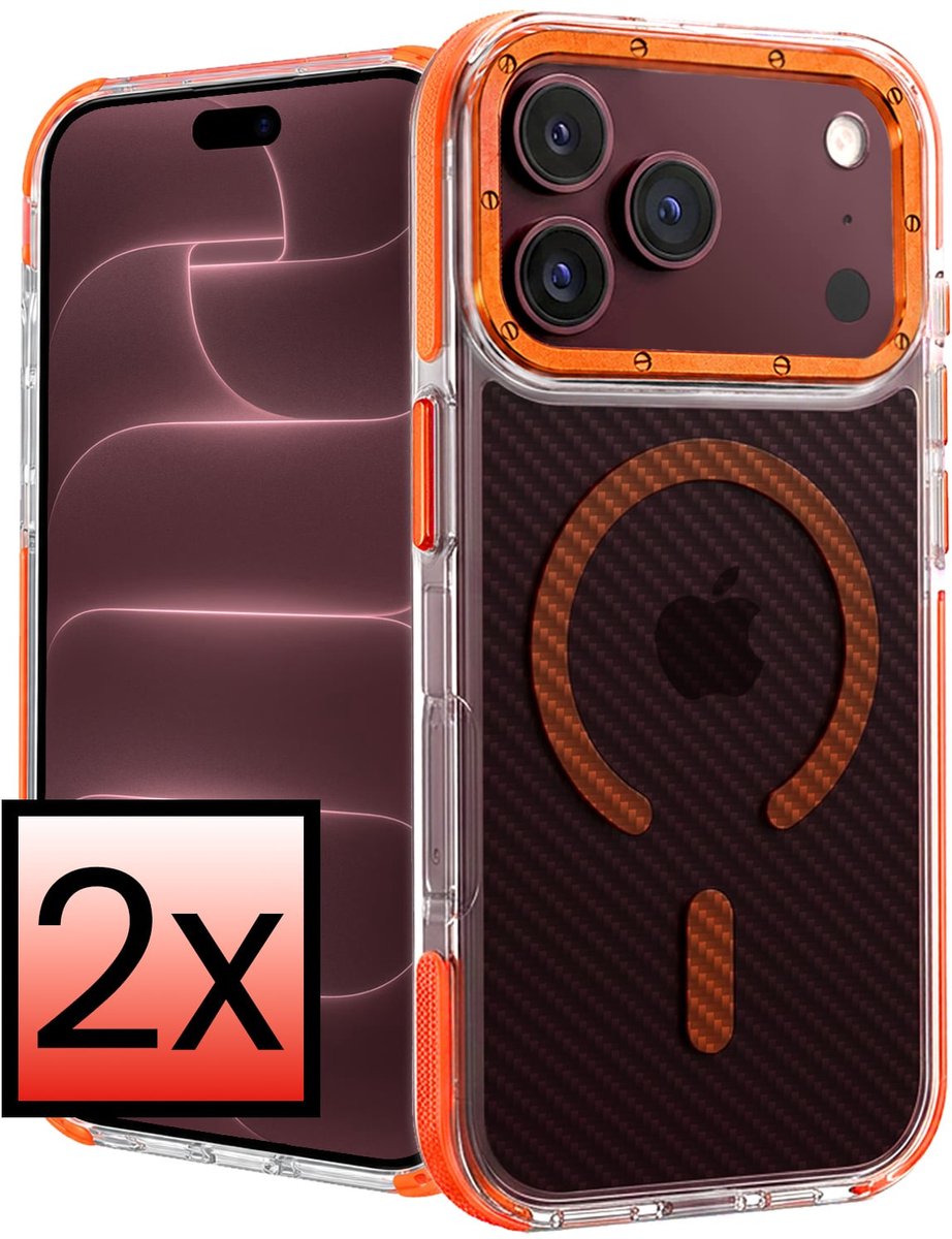 Hoesje - 2 Stuks - Geschikt voor Apple iPhone 18 Pro - Magsafe Compatible - Carbon Look - Sterk & Shockproof - Back Cover - Shock Proof Case - Telefoon Hoes - Oranje