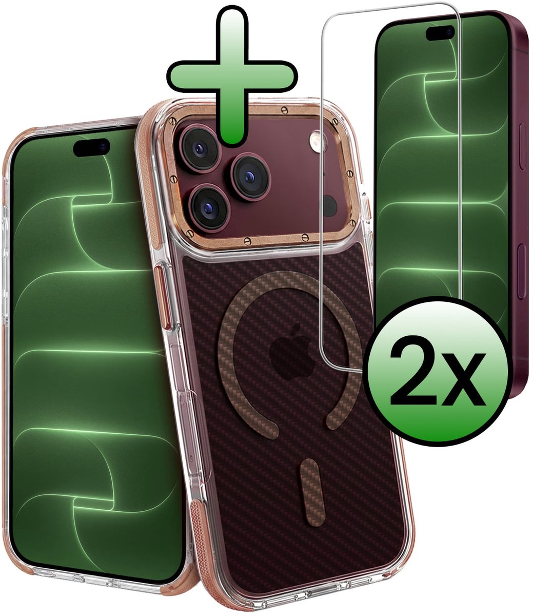 Hoesje Met 2x Screenprotector - Geschikt voor Apple iPhone 18 Pro - Magsafe Compatible - Carbon Look - Sterk & Shockproof - Back Cover - Shock Proof Case - Telefoon Hoes - Bruin