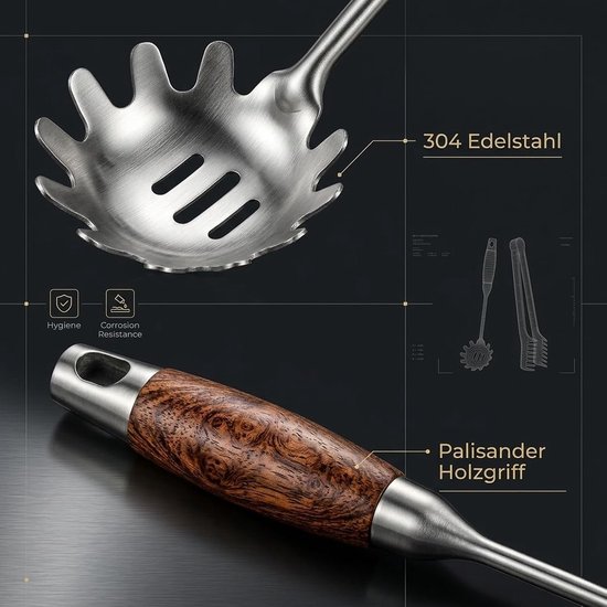 Pastatang en spaghettilepel 30,5 cm - 304 roestvrij staal - houten handvat - ideaal voor pasta en groenten - ShopVlot — afbeelding 5