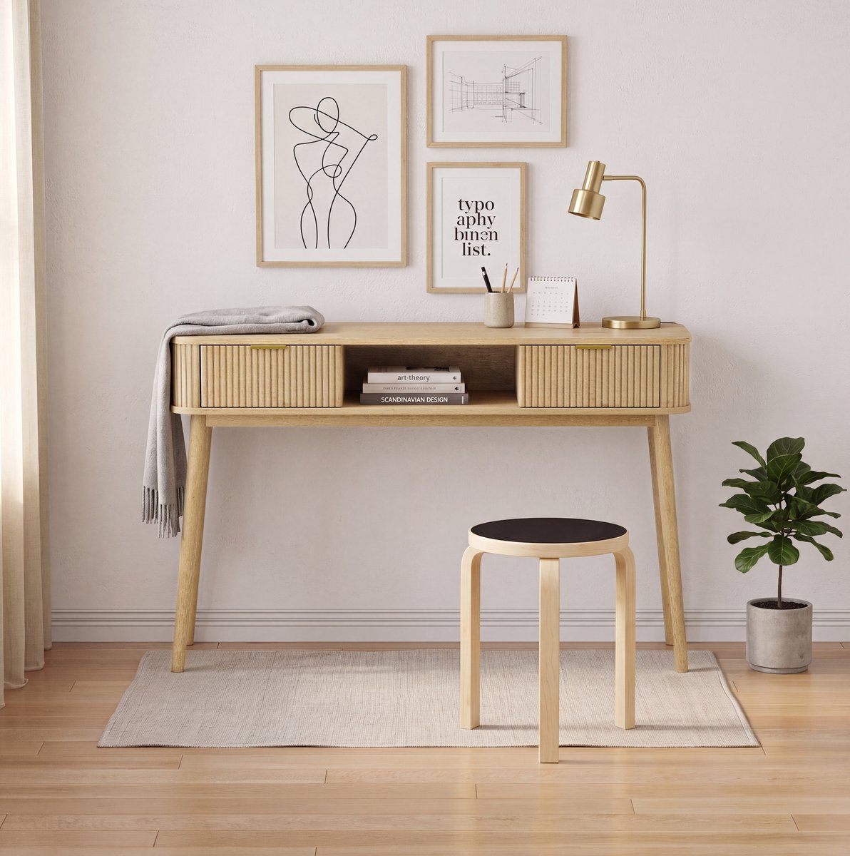 MODFU Sidetable Met 2 Lades En Open Vak - Mid-Century - Eikenlook - 120 X 35 X 77,6 Cm