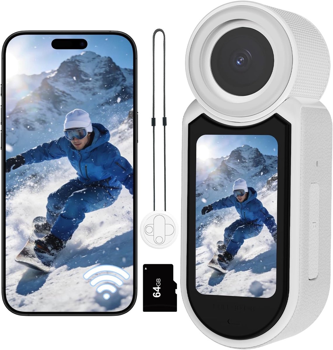 2.7K Mini Action Camera - WiFi Bodycam - 64GB - 101° Groothoeklens - 1,47" HD-Scherm - Handsfree POV Camera - Lichtgewicht 48 g - Geschikt voor Vloggen, Fietsen & Reizen - Wit