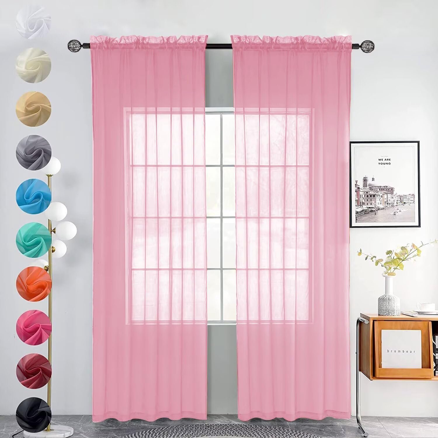 2x Sheer gordijnen, 140 x 260 cm, lichtroze