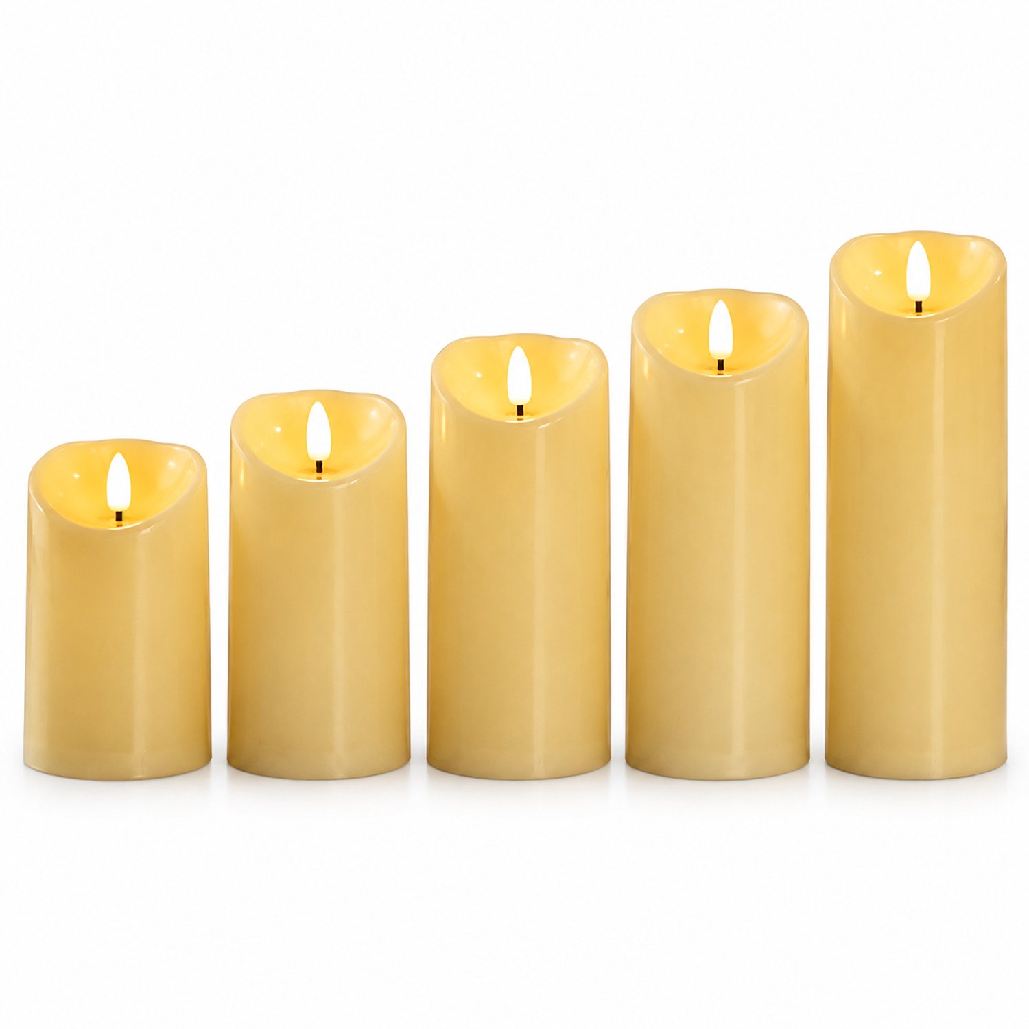 led kaarsen, set van 5, ivoorwit, schuine bovenrand en vlamvormige top, diameter 7,5 cm, hoogtes 10/12,5/15/17,5/20 cm, voor feestdecoratie