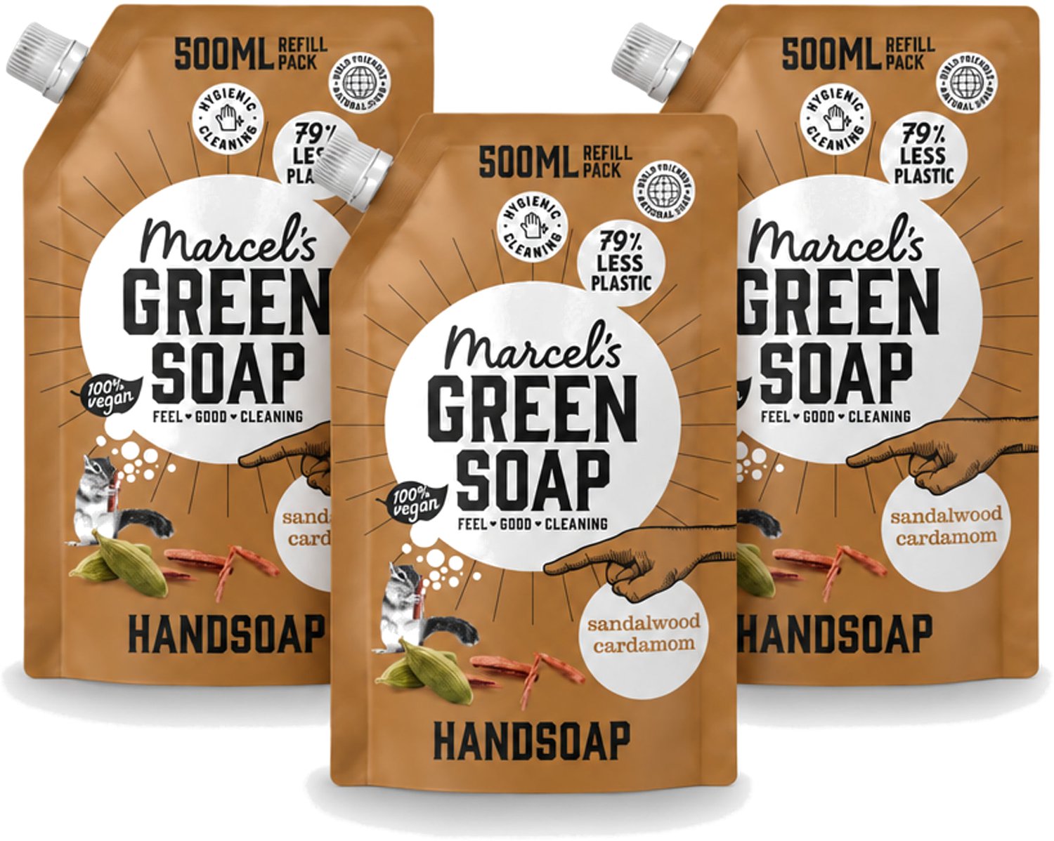 3 x Marcel’s Green Soap – Handzeep Navulling – Sandelhout & Kardemom – 500 ml - Voordeelverpakking - 3 stuks