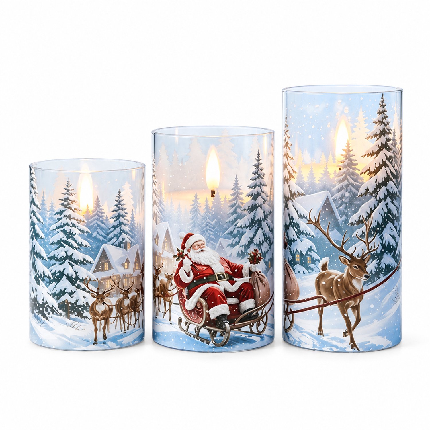 led kaarsen, set van 3 met kerstman en winterprint, cilinders in verschillende hoogtes, warm ledlicht, op batterijen, zonder batterijen