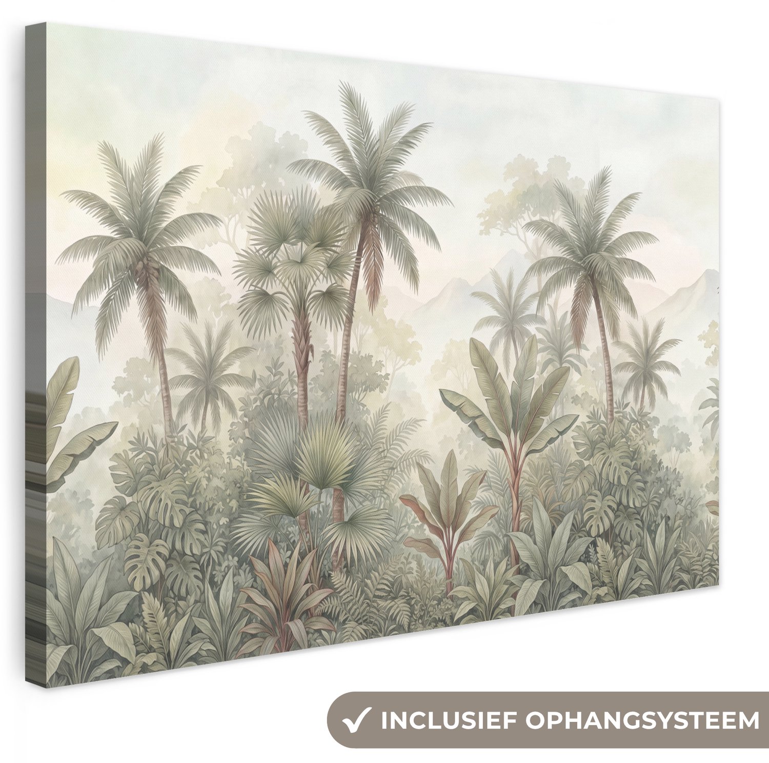 Canvas schilderij 90x60 cm - Exclusieve wanddecoratie Natuur - Tropisch bos - Landschap - Aquarel - Groen - Muurdecoratie woonkamer - Slaapkamer decoratie - Kamer accessoires - Schilderijen op canvas