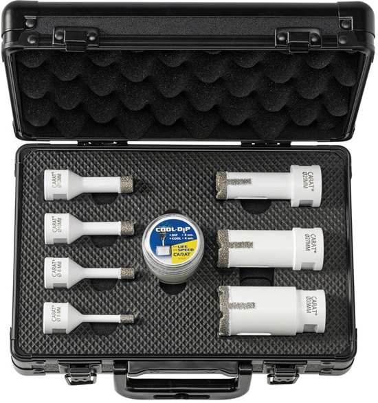 Carat droogboorset (Ø6-35mm) met koelpasta in zwarte kunststof koffer.