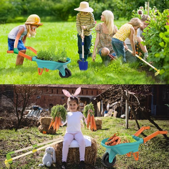 Kids Tuinieren Tool Set, 70CM Kruiwagen met 70CM Metalen Schop Hark Schoffel Blad Hark 20CM Schop Hark Handschoenen Educatief STEM Leren Pretend Speelgoed voor Outdoor Tuin Yard Gazon Graven — afbeelding 3