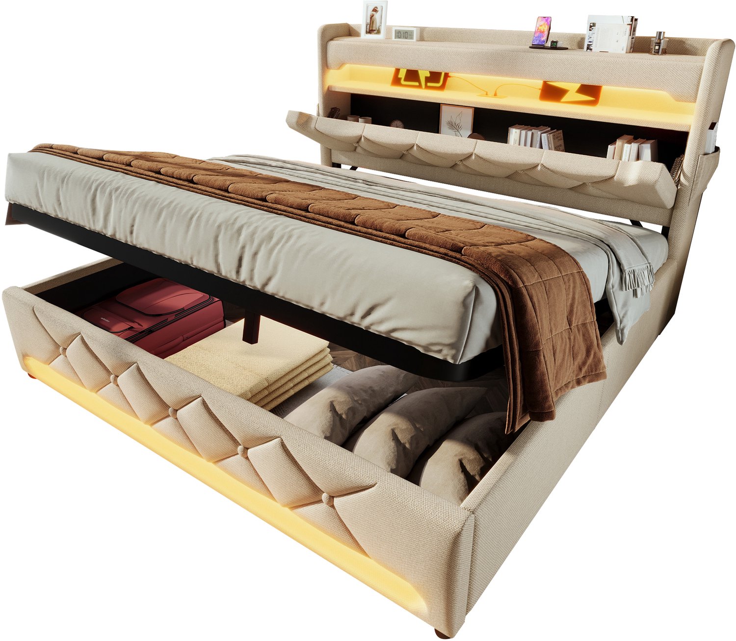 Welltin Gestoffeerd bed 140x200 - beige linnen bed - hydraulische opbergruimte - LED-verlichting rondom - USB en Type-C - voor slaapkamer - 146x225x111 cm