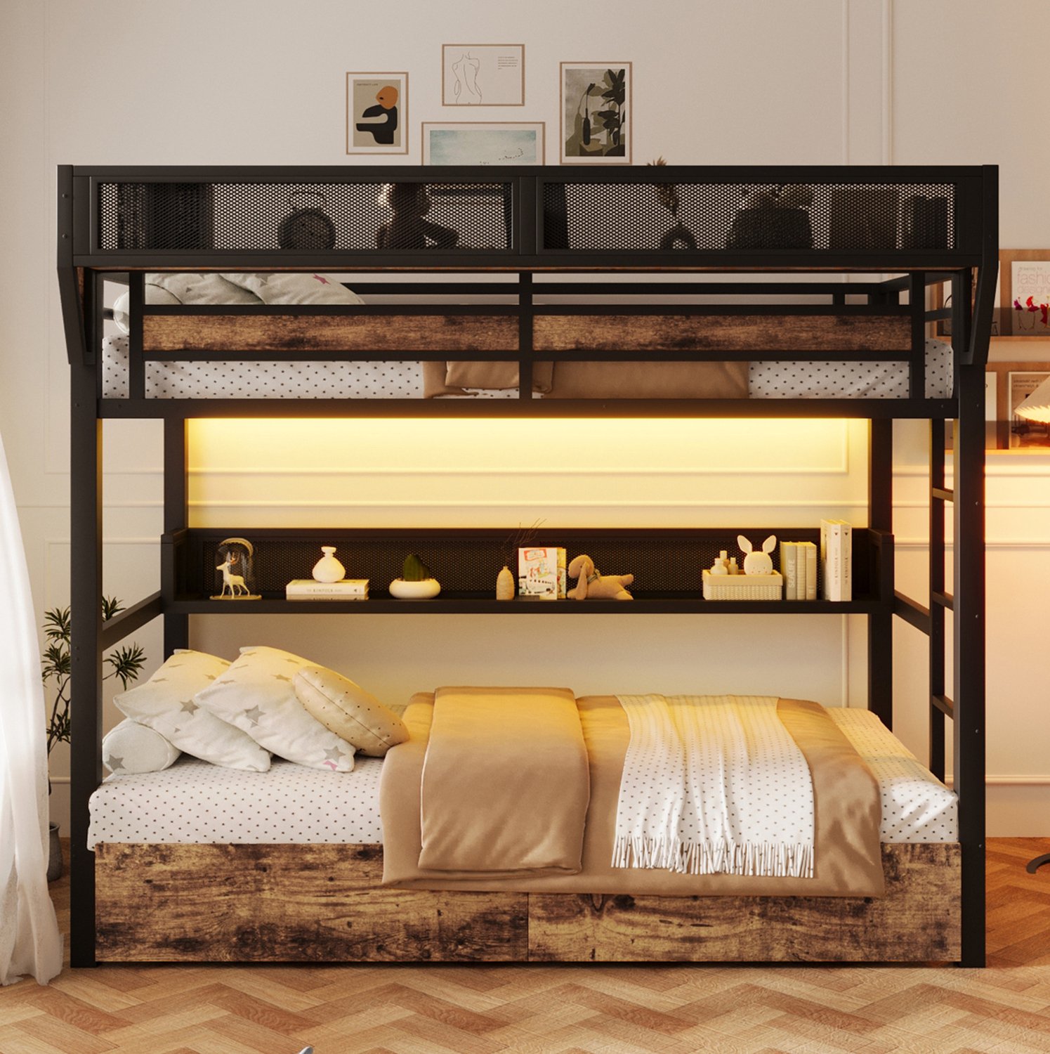 REDOM Stapelbed 90x200 cm - Met 2 lades, opbergrek en LED-verlichting - Zwart