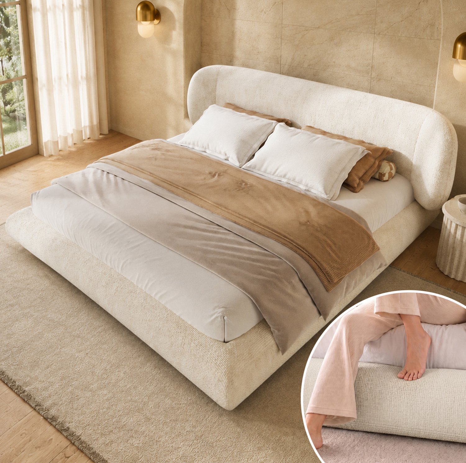 WUVRIE Gestoffeerd tweepersoonsbed 140x200 cm - Lattenbodem en hoofdbord - Beige