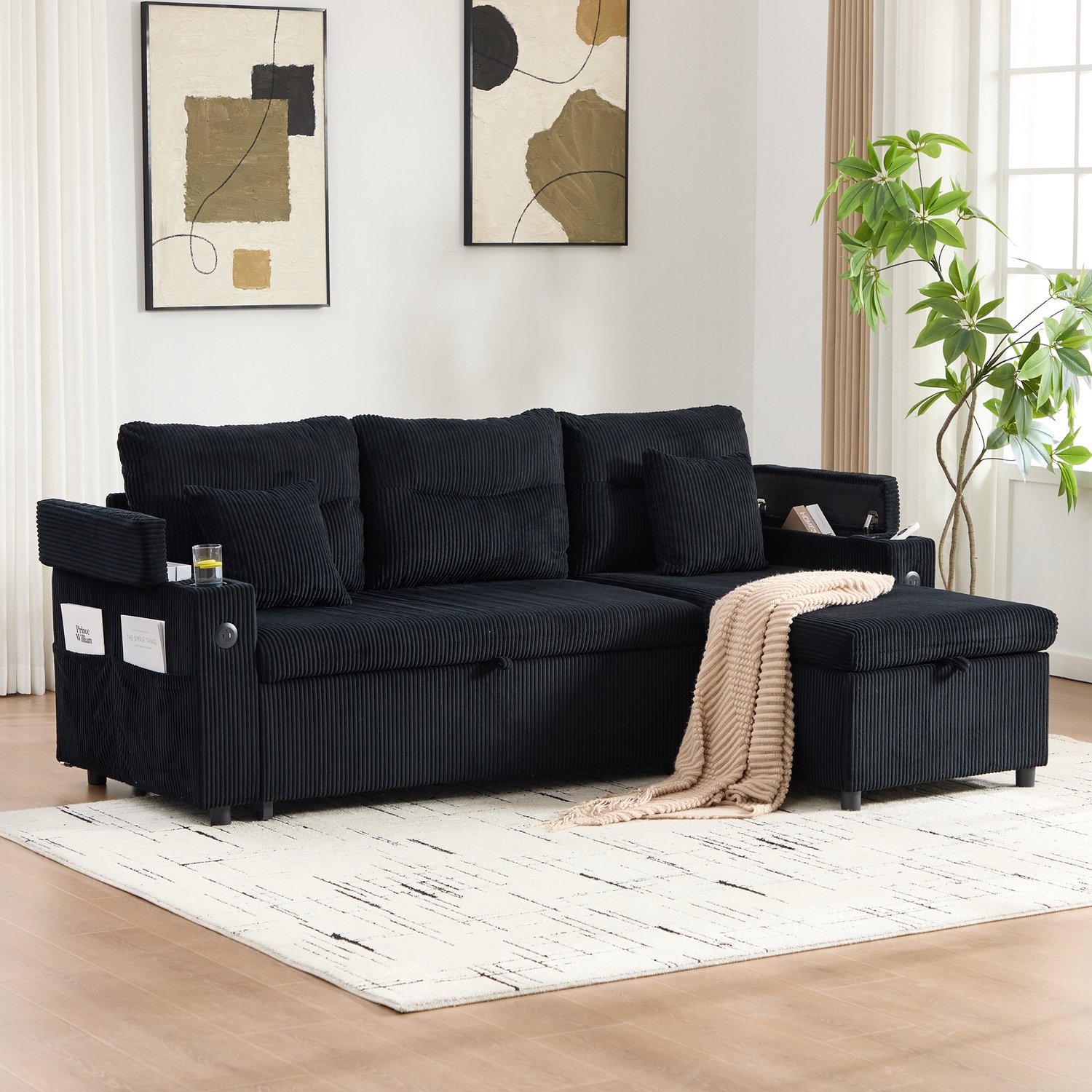MIVRAY Slaapbank 212,5 x 136 cm - 3-Zits Met Uitschuifbed, Opbergruimte En USB-C - Voor Woonkamer En Gasten - Ribfluweel Zwart