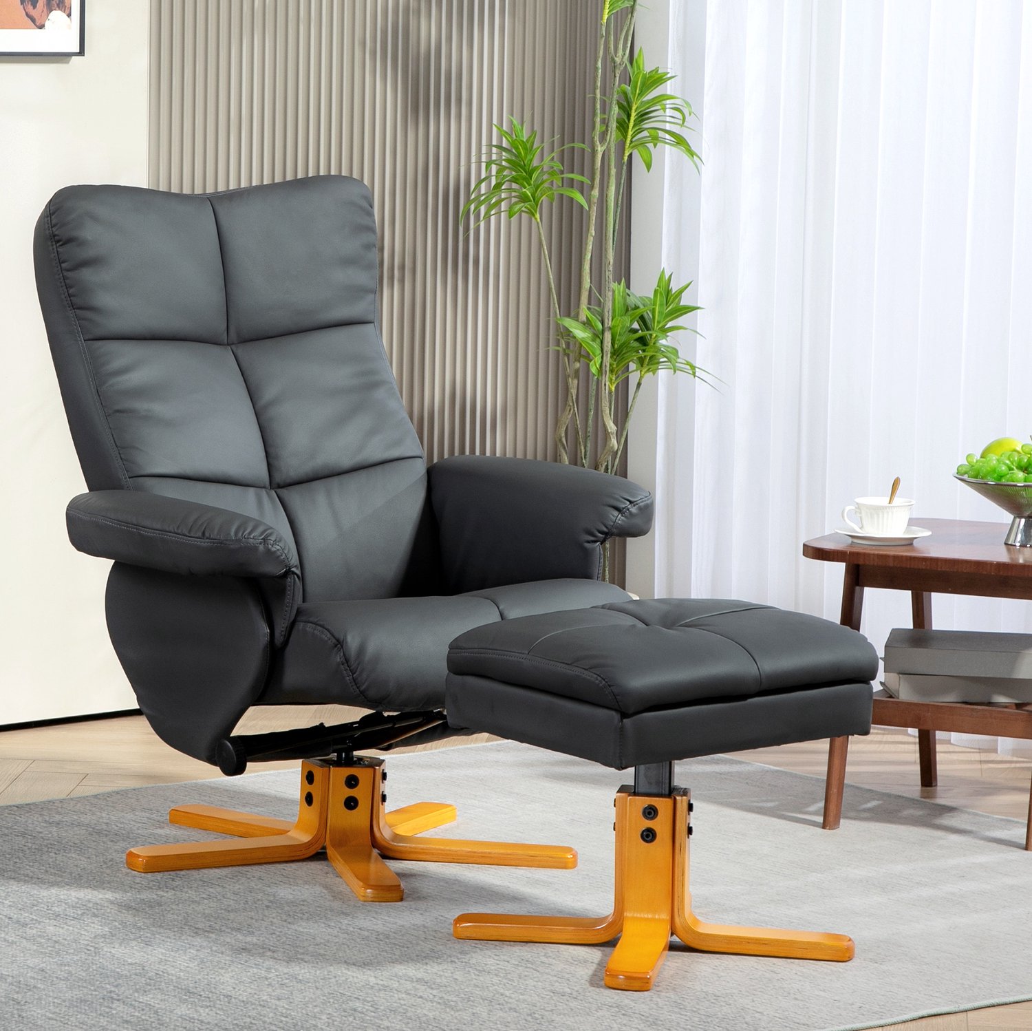 MIVRAY Relaxfauteuil Met Hocker 80 x 86 x 99 cm - Handmatig Verstelbaar Tot 145 Graden en 360 Graden Draaibaar - Woonkamer - Kunstleer Donkergrijs