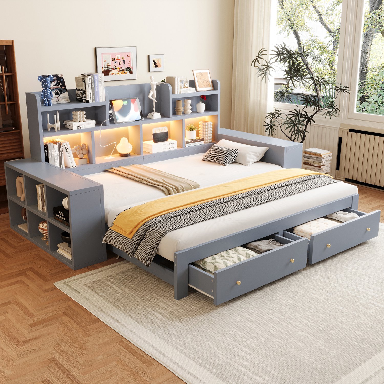 WUVRIE Uitschuifbare slaapbank 90x200 cm - Uit te breiden tot 180x200 cm met opbergruimte - Grijs