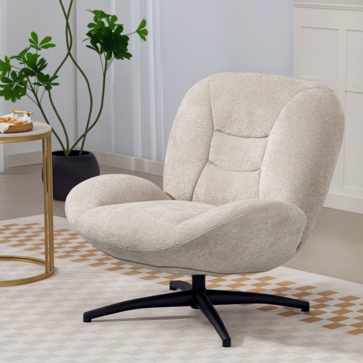 MIVRAY Fauteuil 89 x 83 x 85 cm - 360 Graden Draaibaar Met Zachte Chenillestof - Voor Woonkamer en Leeshoek - Metalen Onderstel Crèmewit