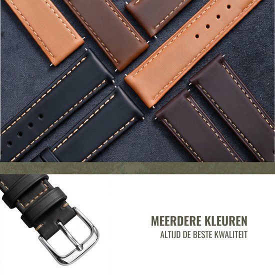 Sélection de bracelets de montre en noir, marron et fauve avec coutures beige. Texte : 'Meerdere kleuren, altijd de beste kwaliteit'.