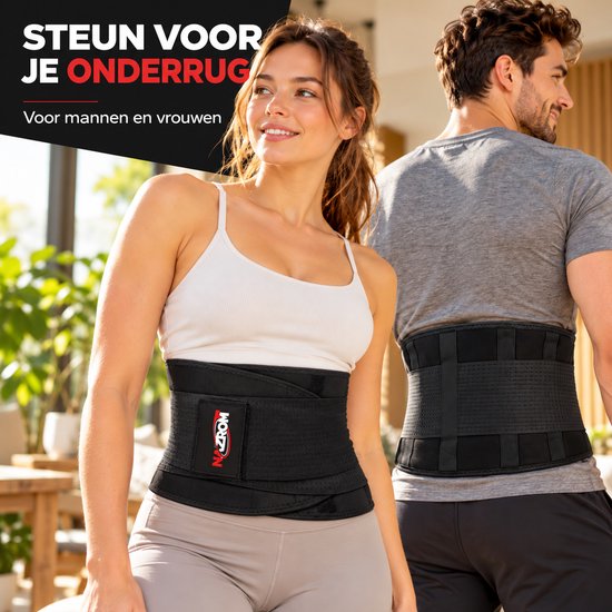 Man en vrouw dragen de zwarte NAZROM rugbrace voor ondersteuning van de onderrug.
