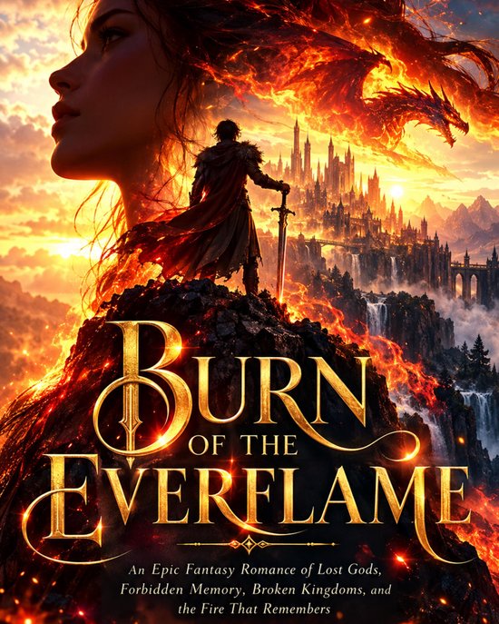 Boekomslag Burn of the Everflame met een krijger, draak en kasteel tegen een brandende zonsondergang.