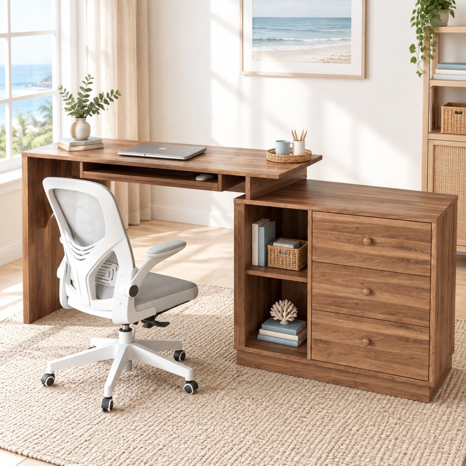 MODFU Uitschuifbaar Computerbureau Met Toetsenbordlade En 3 Lades - MDF - Walnoot Walnootkleur