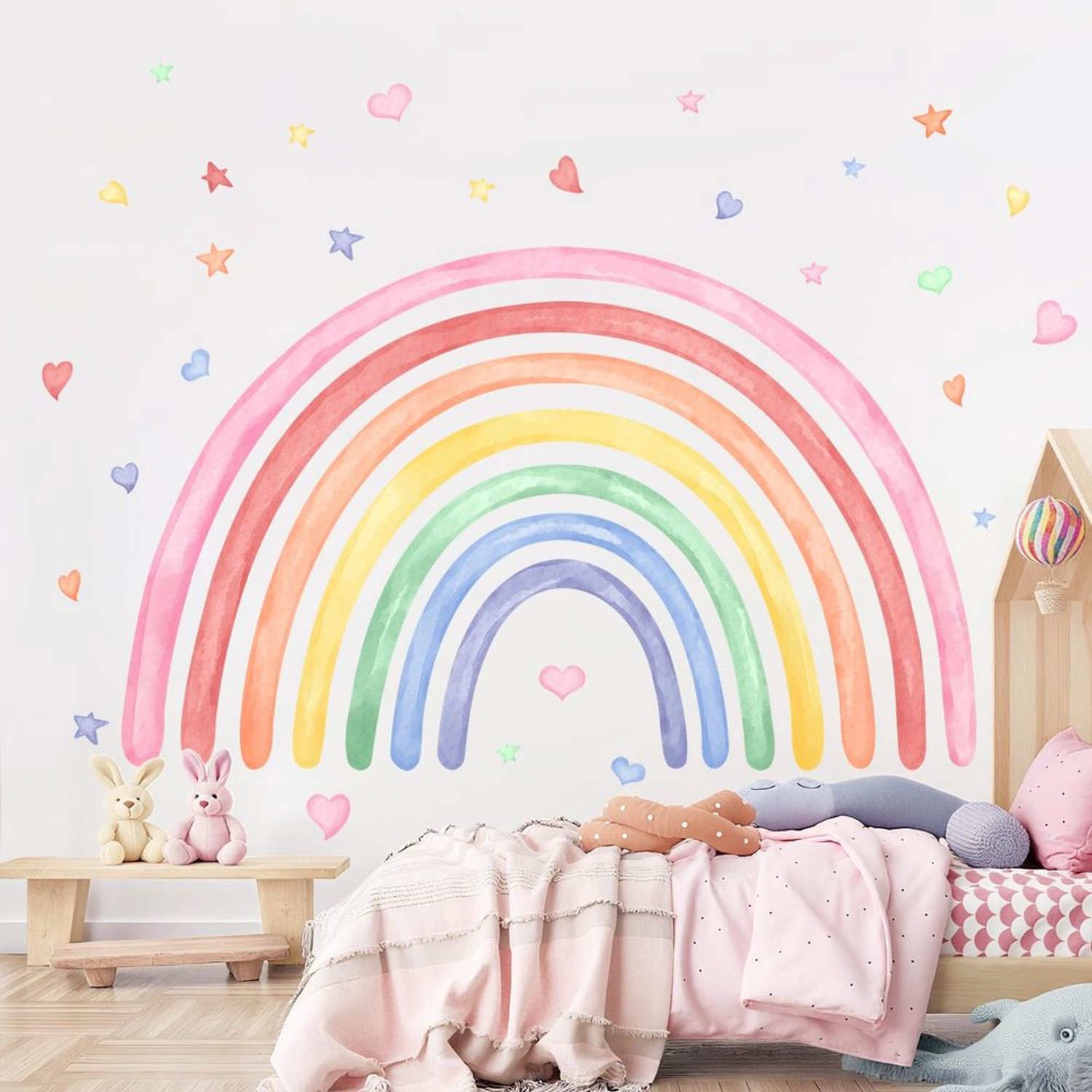 Grote Regenboog Muurstickers - Waterverf Hart en Sterren - XXL