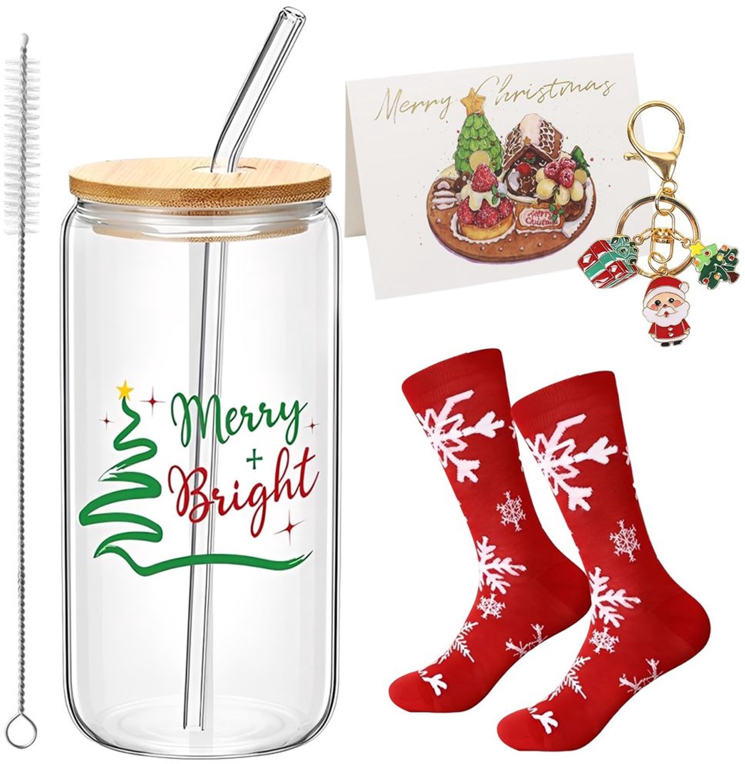 Set van 500ml Keramische Kerstbekers met Deksel en Rietje