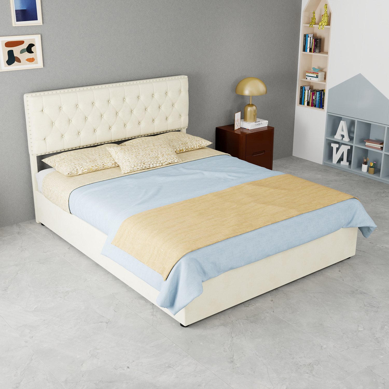 WUVRIE Bedframe 140x200 cm - Gestoffeerd hoofdbord en opbergruimte - Beige