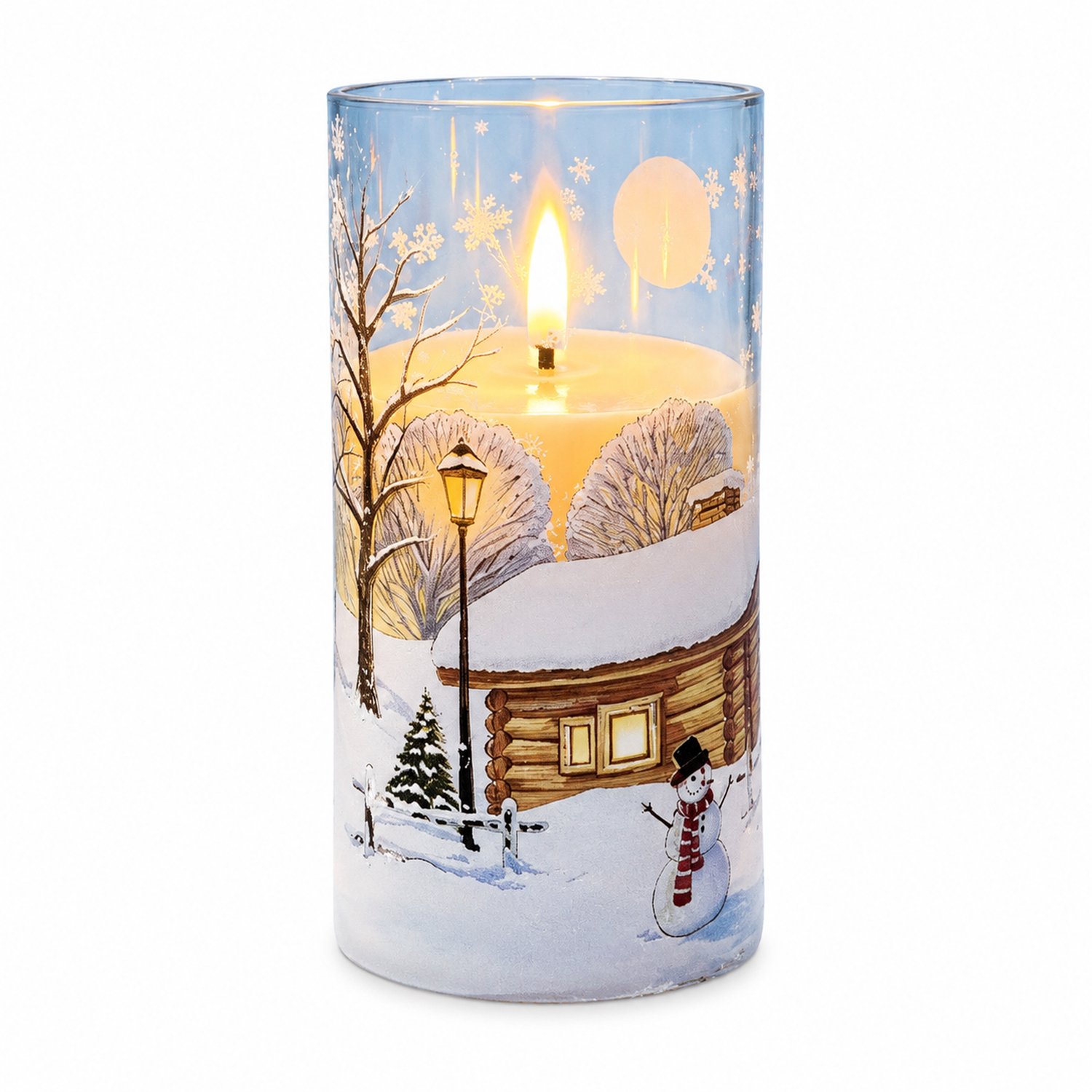 SWGOTA led kaarsen: kerstkaars met sneeuwlandschap, 7,5 x 15 cm, warm licht en vlamvorm, voor binnen, batterijen niet inbegrepen Bruin