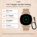 Rosé gouden smartwatch met 300 mAh batterij, geeft laadcapaciteit van 5-7 dagen en oplaadtijd van 2 uur aan.