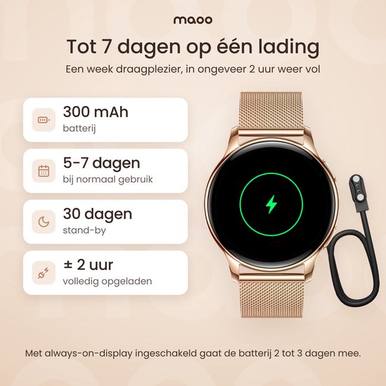 Rosé gouden smartwatch met 300 mAh batterij, geeft laadcapaciteit van 5-7 dagen en oplaadtijd van 2 uur aan.