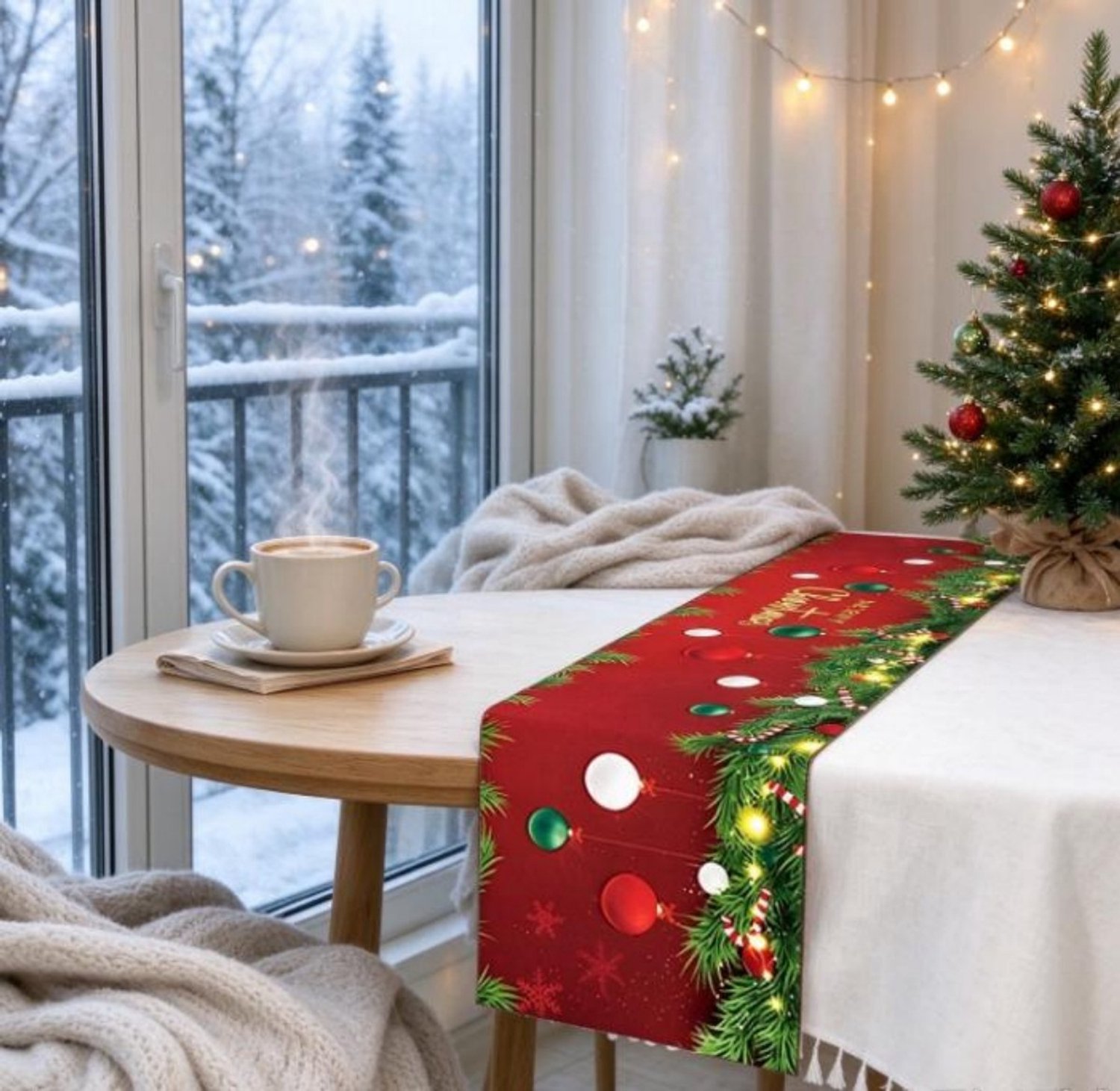 Kersttafelloper – L-33x275cm– Decoratieve tafelloper met opdruk – Feesttafelloper – Feestelijke decoratie voor de eettafel – Met kerstmotieven – Geschikt voor kerstfeesten in de winter en feestelijke decoratie in huis, keuken en eetkamer – foto 2