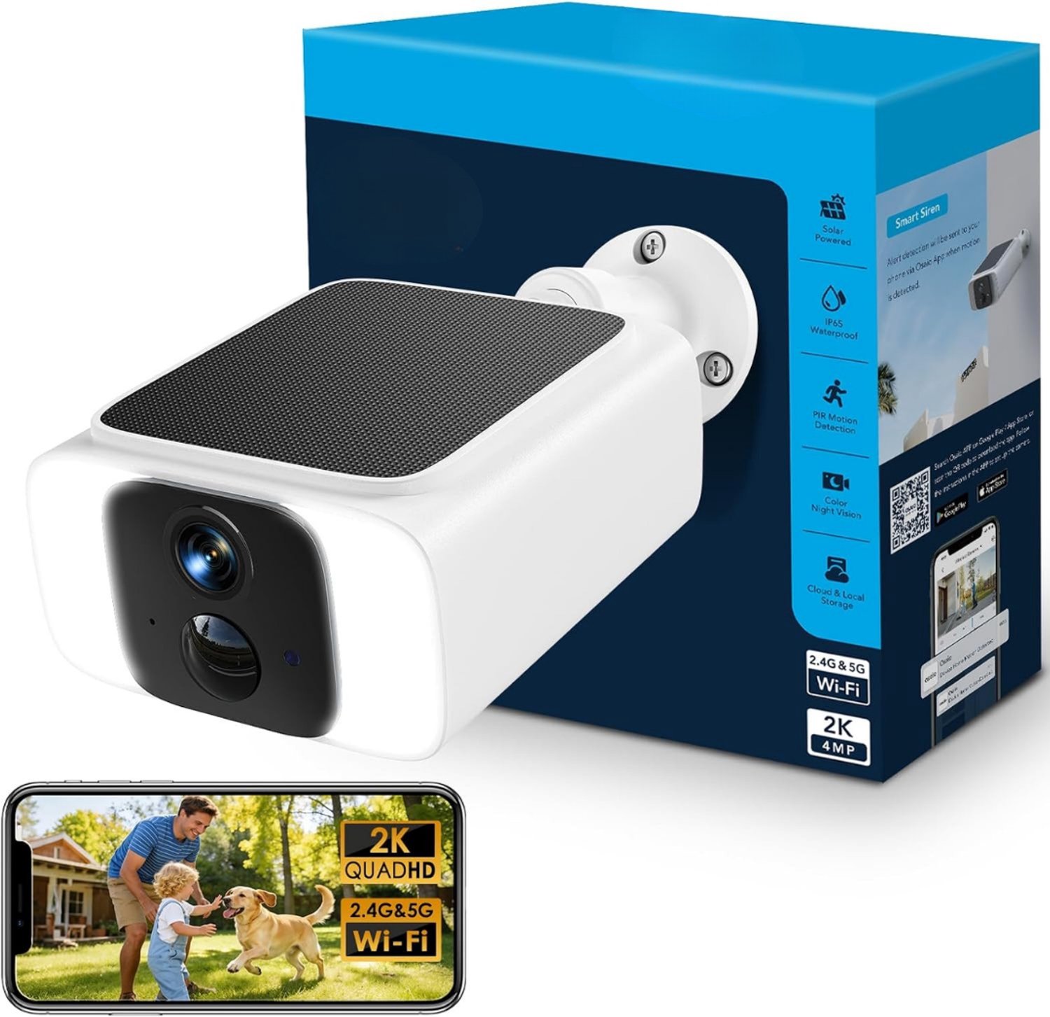 Levo® 2K Zonne-Beveiligingscamera Outdoor Draadloos, 2,4G/5GHz WiFi, IP66 - 3MP Kleur Nachtzicht, Twee-weg-audio, PIR Bewegingsdetector, Alarm Sirene