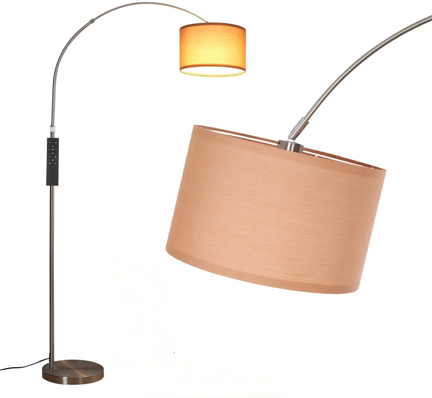 ANTENLICHT Moderne LED Vloerlamp - Staandelamp Woonkamer - 180cm - Hengellamp Vloerlamp - Booglamp met Bruine Stoffen Lampenkap - Inclusief E27 LED Lamp 9W 3000K - Voetschakelaar - Chroom / Nikkel Metaal