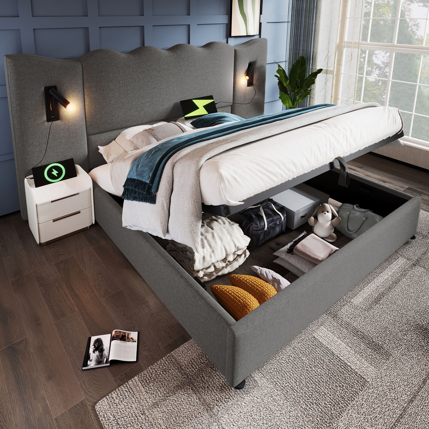 intebiki Gestoffeerd tweepersoonsbed 180x200 met leeslamp en USB Type-C oplaadfunctie - bedframe met opbergruimte en lattenbodem van massief hout en metaal - grijs - linnen (exclusief matras)