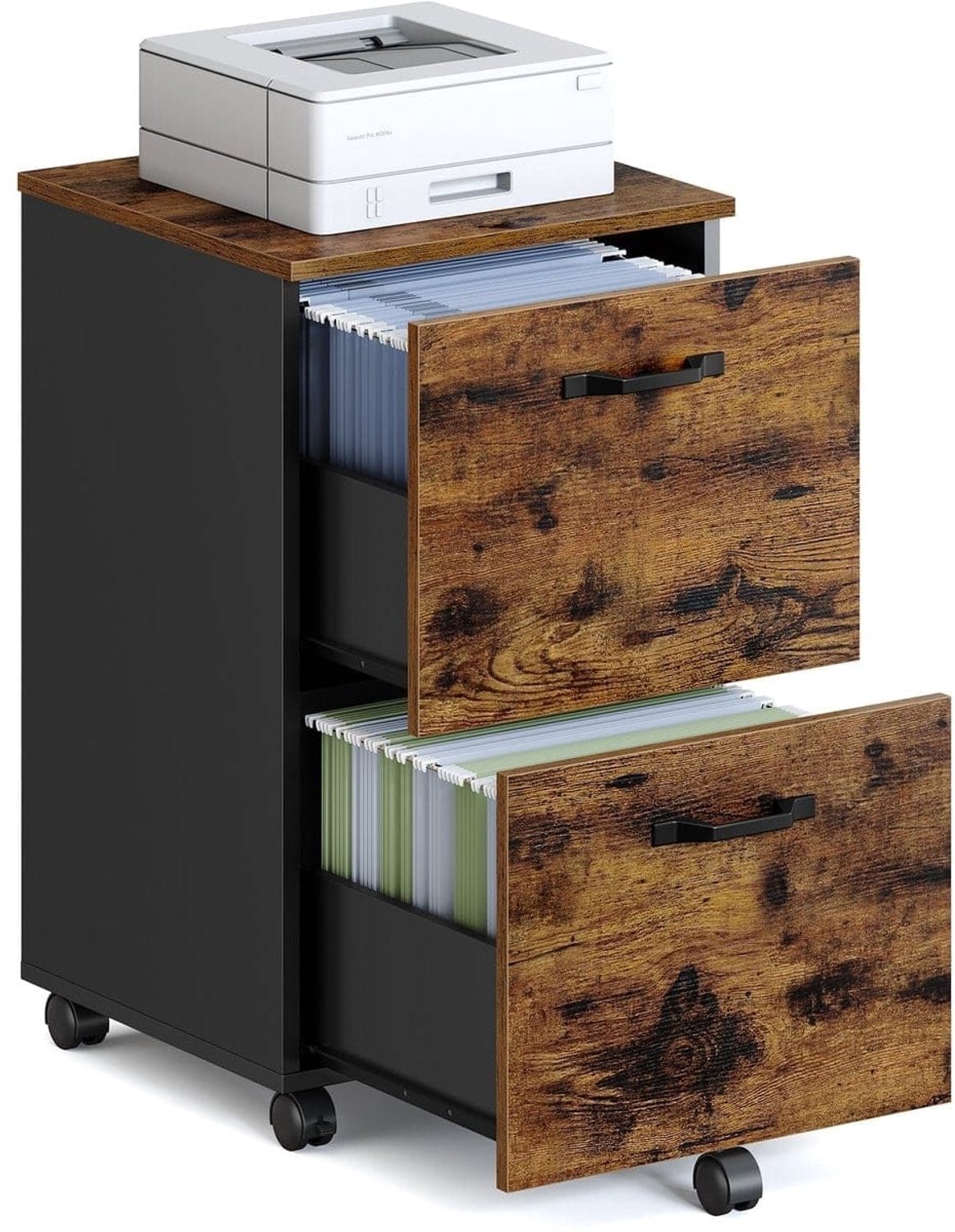 Klarven Archiefkast Bruin-Zwart - Archiefkast met Lades - Archiefkast op Wielen - Archiefkasten - Filing Cabinet - Rollcontainer met 2 Lades en Wielen - 42x40x70 cm
