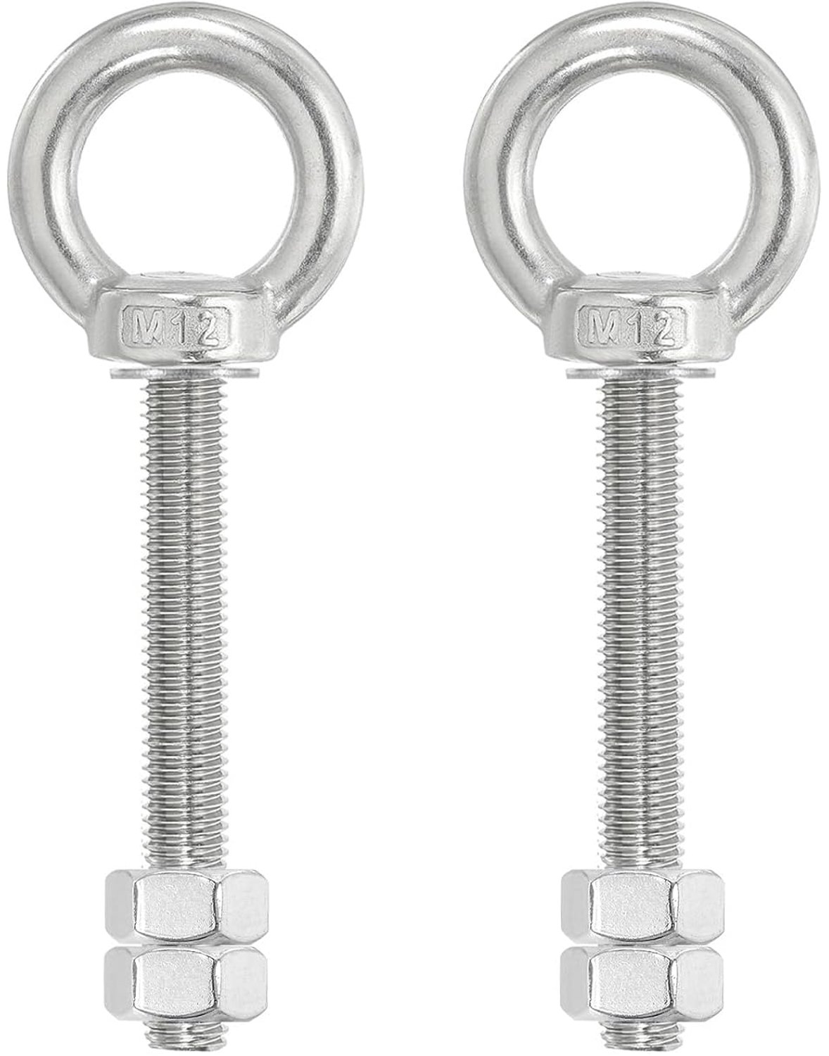 Oogschroeven M12x80 - roestvrij staal 304 - met vaste dubbele moeren - ideaal voor optillen - 2 stuks - m-winkel
