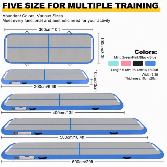 Opblaasbare turnmat, 2 m/3 m/4 m/5 m/6 m, 10 cm hoog, luchttrainingsmat met luchtpomp, voor familiegebruik, yoga, water, dans, 5 m x 1 m x 20 cm, blauw — afbeelding 2