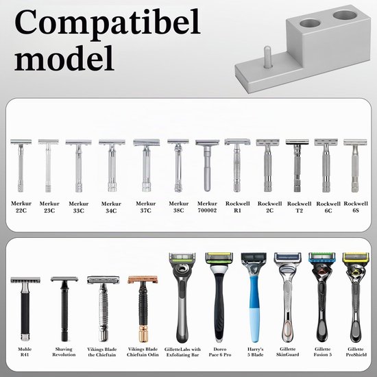 Scheermesstandaard van aluminiumlegering met afwateringsbasis, compatibel met, -veiligheidsscheermesjes, verzameldisplaystandaard en badkamerorganizer, cadeau voor mannen — afbeelding 2
