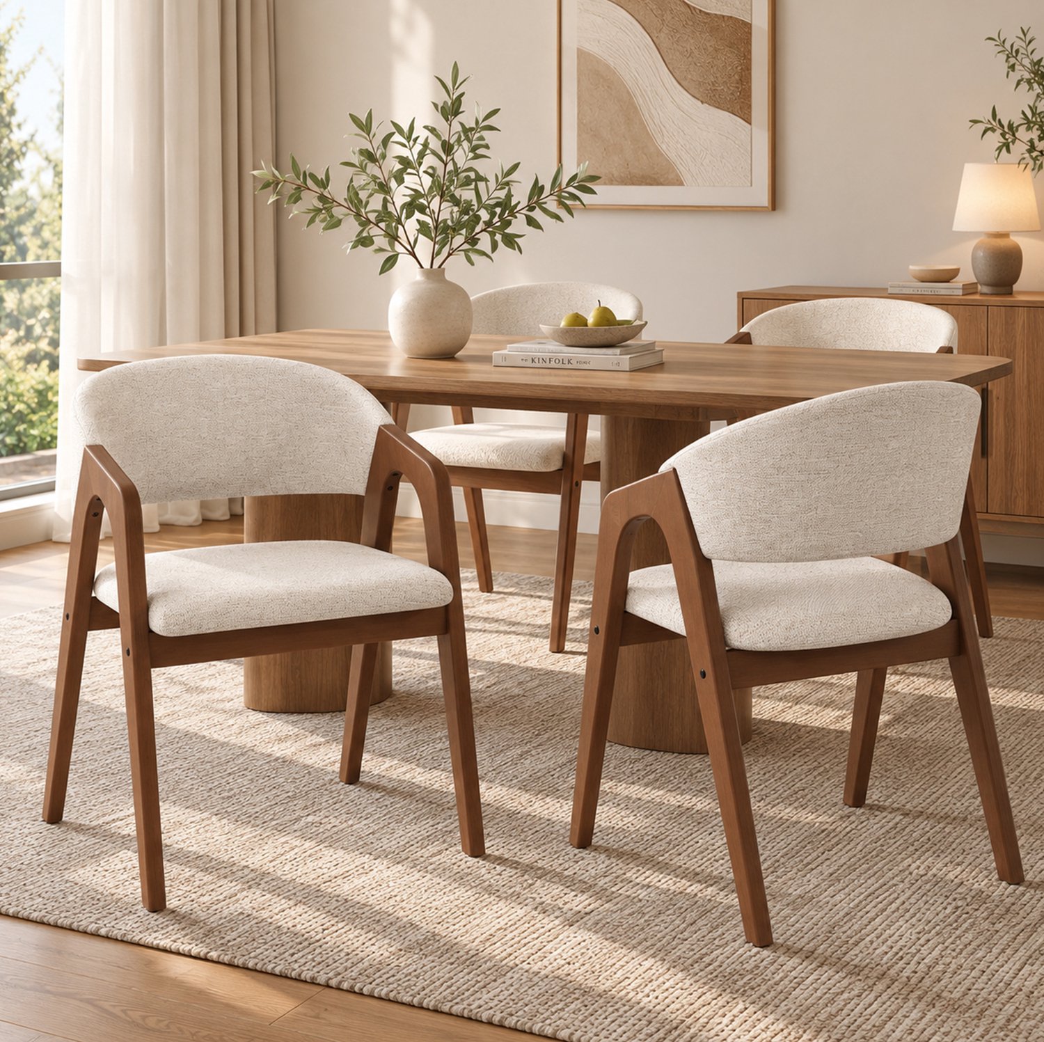 STILVORA Eetkamerstoel Set van 2 - Met Armleuningen en Zachte Linnen Bekleding - Voor Eetkamer en Woonkamer - Hout in Walnootkleur en Havermoutbeige