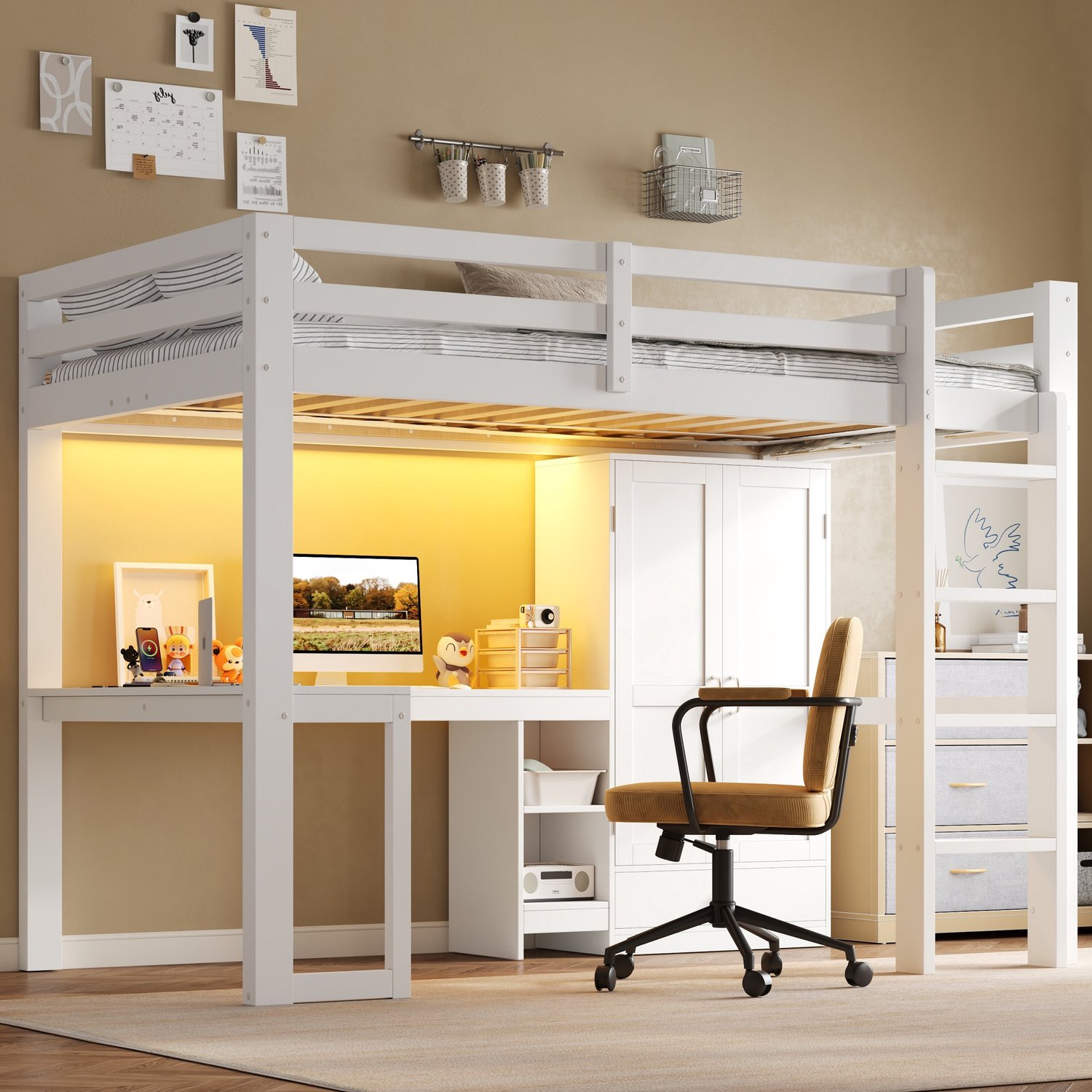WUVRIE Hoogslaper 90x200 cm - Bureau, kledingkast, planken, USB en LED-verlichting - Wit
